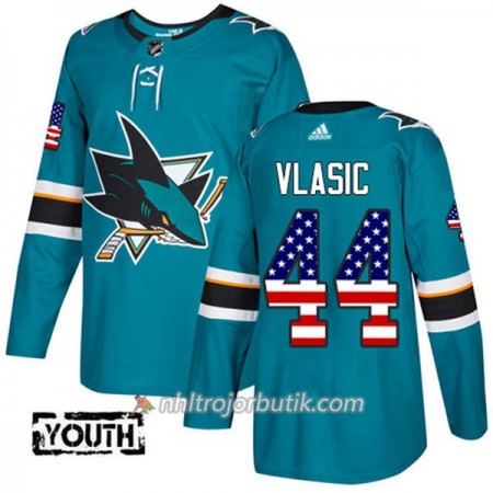 Barn Ishockey San Jose Sharks Tröja Marc-Edouard Vlasic 44 Adidas 2017-2018 Teal USA Flag Fashion Authentic